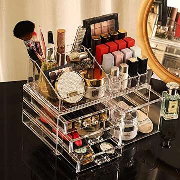 Cq acrylic 2 Pack Clear Makeup Organizer Countertop,Stackable 4 Drawers Skincare Organizer,Cute Skin Care Organizer for Vanity Hair Clip,Jewelry,Beauty Product Desk and Make Up Organizers for Vanity