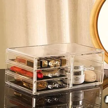 Cq acrylic 2 Pack Clear Makeup Organizer Countertop,Stackable 4 Drawers Skincare Organizer,Cute Skin Care Organizer for Vanity Hair Clip,Jewelry,Beauty Product Desk and Make Up Organizers for Vanity