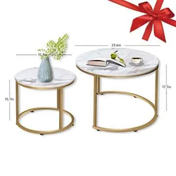 VILAWLENCE Round Coffee Table Set of 2 - Modern Nesting Design with Golden Frame