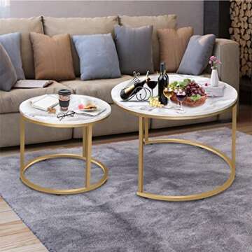 VILAWLENCE Round Coffee Table Set of 2 Modern Nesting Golden Frame Circular and Marble Pattern Wooden Stacking Accent Coffee Tables Metal Frame for Apartment Living, White