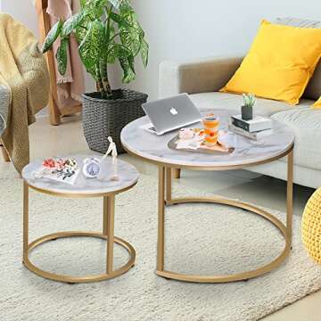 VILAWLENCE Round Coffee Table Set of 2 Modern Nesting Golden Frame Circular and Marble Pattern Wooden Stacking Accent Coffee Tables Metal Frame for Apartment Living, White