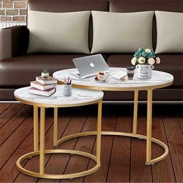 VILAWLENCE Round Coffee Table Set of 2 Modern Nesting Golden Frame Circular and Marble Pattern Wooden Stacking Accent Coffee Tables Metal Frame for Apartment Living, White