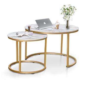 VILAWLENCE Round Coffee Table Set of 2 Modern Nesting Golden Frame Circular and Marble Pattern Wooden Stacking Accent Coffee Tables Metal Frame for Apartment Living, White