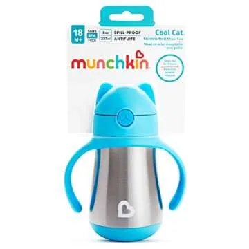 Munchkin Cool Cat Sippy Cup for Toddlers, Stainless Steel Straw Cup, 8 Ounce, Blue