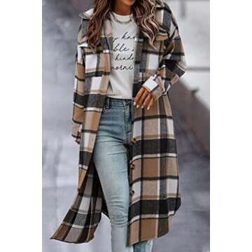CHICZONE Womens Casual Lapel Button Down Long Plaid Shirt Flannel Shacket Jacket Tartan Trench Coat Brown Plus Size 2XL