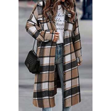 CHICZONE Womens Casual Lapel Button Down Long Plaid Shirt Flannel Shacket Jacket Tartan Trench Coat Brown Plus Size 2XL