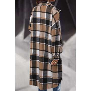 CHICZONE Womens Casual Lapel Button Down Long Plaid Shirt Flannel Shacket Jacket Tartan Trench Coat Brown Plus Size 2XL