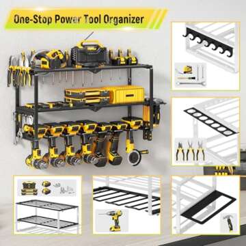 Power Tool Organizer Wall Mount - 150Lbs Load 3 Layers Storage Rack with 7 Drill Holders for Drills Cordless Tools. Heavy Duty Iron Garage Tool Organizer Storage for Workshop Shed Pegboard Basement