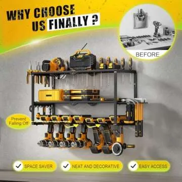 Power Tool Organizer Wall Mount - 150Lbs Load 3 Layers Storage Rack with 7 Drill Holders for Drills Cordless Tools. Heavy Duty Iron Garage Tool Organizer Storage for Workshop Shed Pegboard Basement