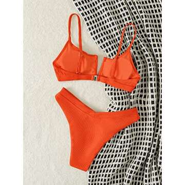 SweatyRocks Women's 2 Piece Bathing Suit Ribbed High Cut Bikini Set Swimsuit Beachwear Orange L