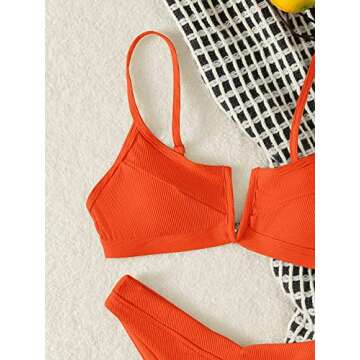 SweatyRocks Women's 2 Piece Bathing Suit Ribbed High Cut Bikini Set Swimsuit Beachwear Orange L