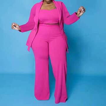 Women's Plus Size 3 Piece Outfit Casual Solid Open Front Blazer and Pencil Pant Suits Set Pink 3X
