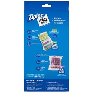 Ziploc Space Bag Clothes Vacuum Sealer Storage Bags for Home and Closet Organization, M/L/XL/Suitcase, 6 Bags Total