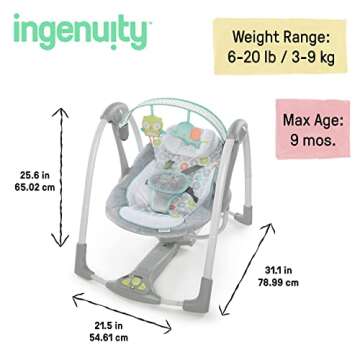 Ingenuity Swing 'n Go 5-Speed Baby Swing - Foldable, Portable, 2 Plush Toys & Sounds, 0-9 Months 6-20 lbs (Hugs & Hoots)