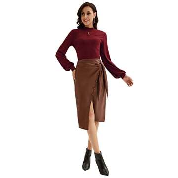 Women Split Pencil Skirt Brown Basic Leather Bodycon Knee Length Slim Skirt S