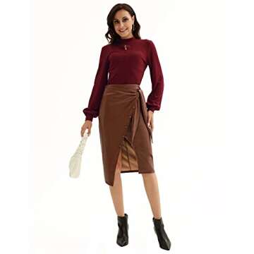 Women Split Pencil Skirt Brown Basic Leather Bodycon Knee Length Slim Skirt S