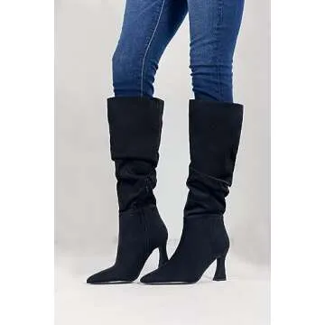 Coutgo Women's Slouchy Knee High Boots Wide Calf Pointed Toe Side Zipper Chunky Heel Long Boots Wint...