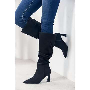 Coutgo Women's Slouchy Knee High Boots Wide Calf Pointed Toe Side Zipper Chunky Heel Long Boots Winter Shoes, Black, Size 6