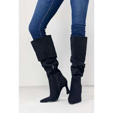 Coutgo Women's Slouchy Knee High Boots Wide Calf Pointed Toe Side Zipper Chunky Heel Long Boots Winter Shoes, Black, Size 6