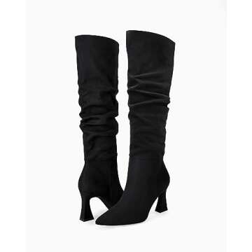 Coutgo Women's Slouchy Knee High Boots Wide Calf Pointed Toe Side Zipper Chunky Heel Long Boots Winter Shoes, Black, Size 6