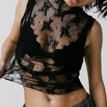 Naileksi Women Sleeveless See Through Lace Mesh Crop Top Mock Neck Ruched Side Slim Fit Floral Sheer Cropped Tank Top Black