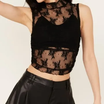 Naileksi Women Sleeveless See Through Lace Mesh Crop Top Mock Neck Ruched Side Slim Fit Floral Sheer Cropped Tank Top Black