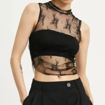 Naileksi Women Sleeveless See Through Lace Mesh Crop Top Mock Neck Ruched Side Slim Fit Floral Sheer Cropped Tank Top Black