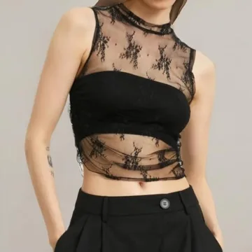Naileksi Women Sleeveless See Through Lace Mesh Crop Top Mock Neck Ruched Side Slim Fit Floral Sheer Cropped Tank Top Black
