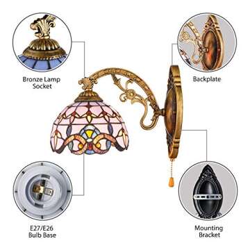 KWOKING Lighting Tiffany Style Vintage Lighting Creative Wall Sconces Lighting with Pull Chain Switch Mirror Front Wall Lamp Fixture for Corridor, Hallway, Livingroom, Bedroom Style A