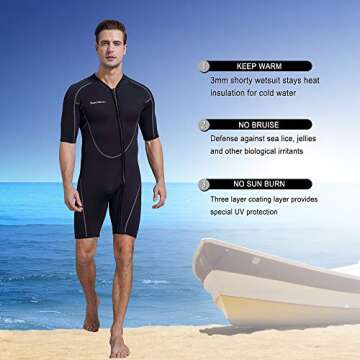Seaskin Mens 3mm Shorty Wetsuit, Full Body Diving Suit Front Zip Wetsuit for Diving Snorkeling Surfing Swimming