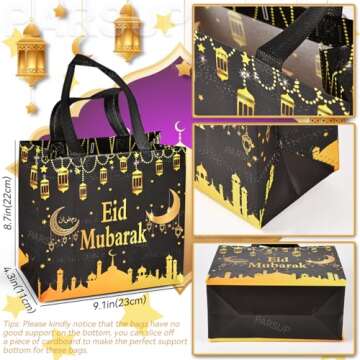 PARSUP 8PCS Eid Mubarak Reusable Gift Bags, Assorted Sizes Treat Bags with Handles, Eid Mubarak Part...