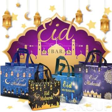 PARSUP 8PCS Eid Mubarak Reusable Gift Bags, Assorted Sizes Treat Bags with Handles, Eid Mubarak Party Bags, Multifunctional Non-Woven Eid Bags for Gifts Wrapping, Eid Party Supplies