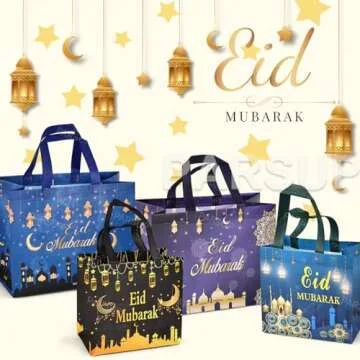 PARSUP 8PCS Eid Mubarak Reusable Gift Bags, Assorted Sizes Treat Bags with Handles, Eid Mubarak Party Bags, Multifunctional Non-Woven Eid Bags for Gifts Wrapping, Eid Party Supplies