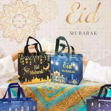 PARSUP 8PCS Eid Mubarak Reusable Gift Bags, Assorted Sizes Treat Bags with Handles, Eid Mubarak Party Bags, Multifunctional Non-Woven Eid Bags for Gifts Wrapping, Eid Party Supplies