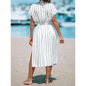 CUPSHE Women's Midi Beach Cover Up Dress V Neck Short Sleeve Striped Bathing Suit Coverups XS-XXL White, XL