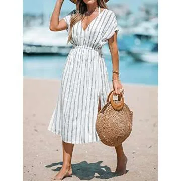 CUPSHE Women's Midi Beach Cover Up Dress V Neck Short Sleeve Striped Bathing Suit Coverups XS-XXL White, XL