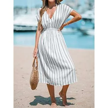 CUPSHE Women's Midi Beach Cover Up Dress V Neck Short Sleeve Striped Bathing Suit Coverups XS-XXL White, XL