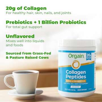 Orgain Hydrolyzed Collagen Peptides + Prebiotic & Probiotics Powder for Women & Men, 20g Grass Fed Collagen, 1 Billion CFU - Supports Digestive, Hair, Skin & Joint Health, Non-GMO, Type I & III, 1lb
