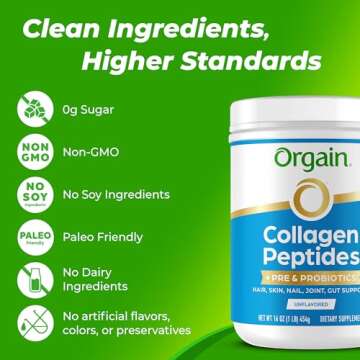 Orgain Hydrolyzed Collagen Peptides + Prebiotic & Probiotics Powder for Women & Men, 20g Grass Fed Collagen, 1 Billion CFU - Supports Digestive, Hair, Skin & Joint Health, Non-GMO, Type I & III, 1lb