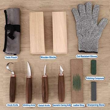 Wood Carving Tools Pack of 11- Includes Black Walnut Handle Wood Carving Knife,Whittling Knife,Hook ...