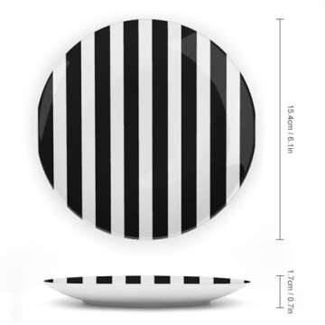 JTKBNVM 6.1inch Black & White Stripe Bone China Decorative Plates with Display Stand Handmade Cerami...