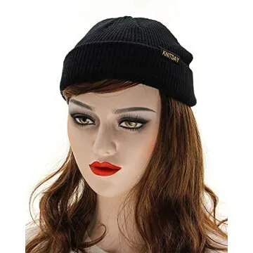 KNITDAY Sailor Trawler Short Thick Knit Fisherman Beanie Hats for Men and Women Plus Size Roll up Edge Cuff Streetwear Skull Cap Unisex Daily Wearing (Black)