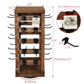 Ikee Design 5 Tiers Easy Assemble Wood Rotating Jewelry Display Tower with 42 Removable Hooks,Spinni...