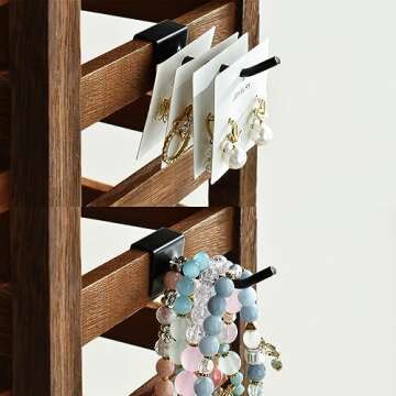 Ikee Design 5 Tiers Easy Assemble Wood Rotating Jewelry Display Tower with 42 Removable Hooks,Spinning Earring Card Storage Display Stand for Store, Showcase, Tradeshow and Home,Brown Color