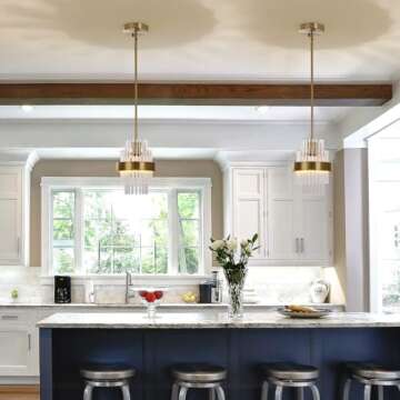 IkirourI Pendant Light Fixtures, 7inch Modern Glass Pendant Light, 2 Pack Brass Color Kitchen Island Pendant Lights, Height Adjustable Pendant Lighting