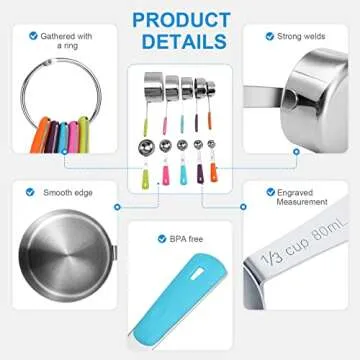 Bopei Measuring Cups and Spoons Set Stainless Steel 11 Piece for Cooking and Baking Kitchen Funnel