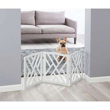 Zoogamo 3 Panel White Wood Crisscross Top Dog Pet Gate - Durable Lightweight Extra Wide Wooden Expan...