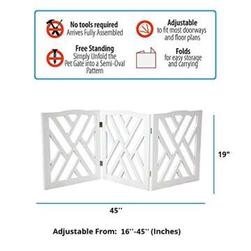 Zoogamo 3 Panel White Wood Crisscross Top Dog Pet Gate - Durable Lightweight Extra Wide Wooden Expandable & Folding Home/Indoor/Outdoor 45" W x 19" H Dog Safety Fence