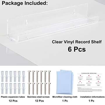 XOHYW Clear Vinyl Record Shelf Wall Mount 6 Pack, Acrylic Album Record Holder Display Rack, Display for Your Favorite LP Records in Office Home (12 inch, Clear)