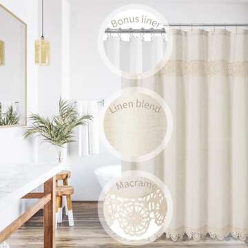 Gibelle Boho Farmhouse Shower Curtain Set, Linen Cotton Fabric Shower Curtain with Macrame Lace Deco...